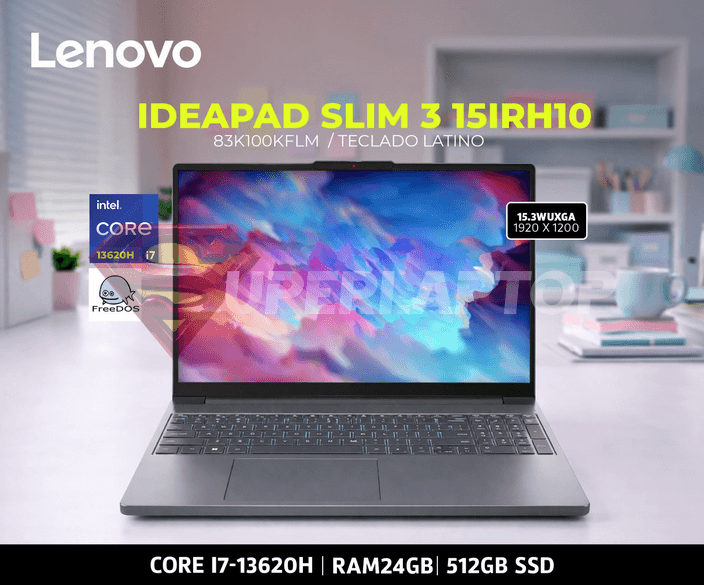 LAPTOP LENOVO IDEAPAD SLIM 3 15IRH10 INTEL CORE I7-13620H 24GB 512GB SSD 15.3" WUXGA 60HZ FREE DOS (83K100KFLM)