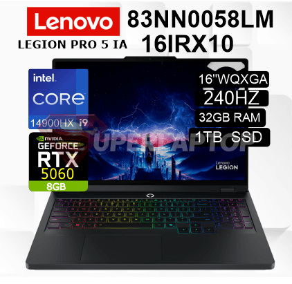 LAPTOP LENOVO LEGION PRO 5 16IRX10 INTEL CORE I9-14900HX 32GB 1TB SSD RTX 5060 8GB 16" WQXGA 240HZ FREE DOS (83NN0058LM)