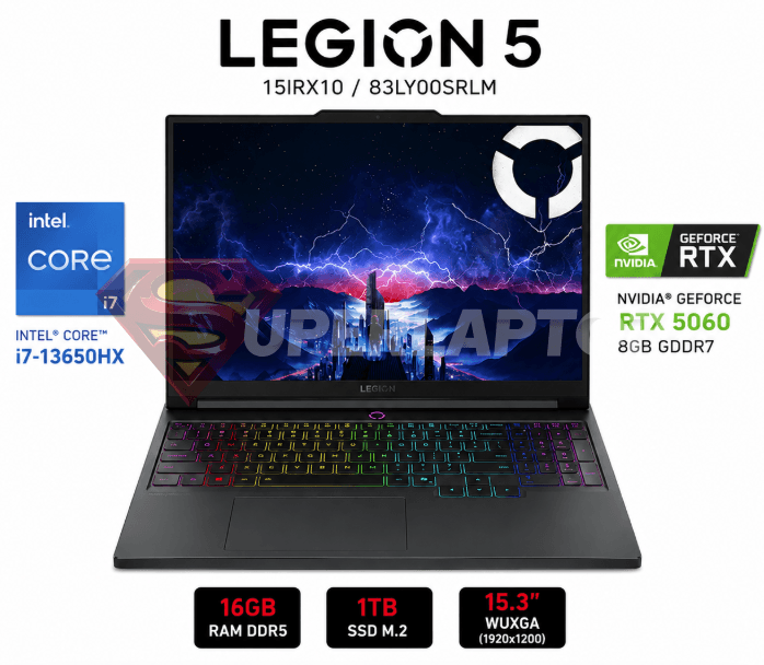 LAPTOP LENOVO LEGION 5 15IRX10 INTEL CORE I7-13650HX 16GB DDR5 1TB SSD RTX 5060 8GB 15.3" WUXGA 165HZ SIN OS ECLIPSE BLACK (83LY00SRLM)