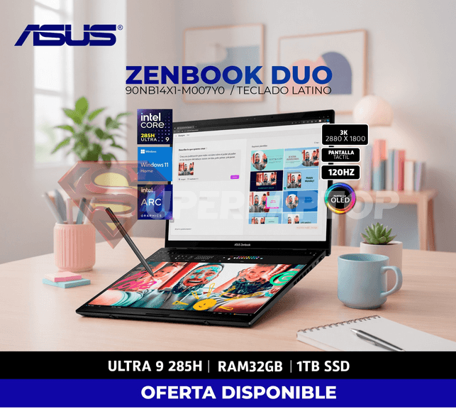LAPTOP ASUS ZENBOOK DUO UX8406CA-PZ073W INTEL CORE ULTRA 9-285H 32GB 1TB SSD INTEL ARC GRAPHICS 14" 3K OLED 120HZ WIN11 HOME (90NB14X1-M007Y0)