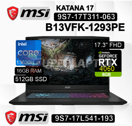 LAPTOP MSI KATANA 17 B13VFK-1293PE INTEL CORE I7-13620H 16GB 512GB SSD RTX 4060 8GB 17.3" FHD 144HZ WIN11 HOME (9S7-17L541-193)