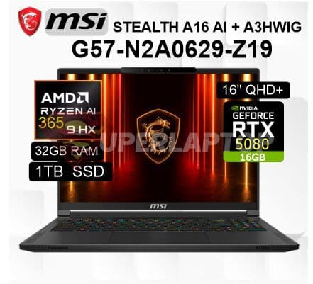LAPTOP MSI STEALTH A16 AI+ A3HWIG-073US AMD RYZEN AI 9-365 32GB 1TB SSD RTX 5080 16GB 16" QHD+ OLED 240HZ WIN11 HOME (BBARI36532GXXDX11NGP)